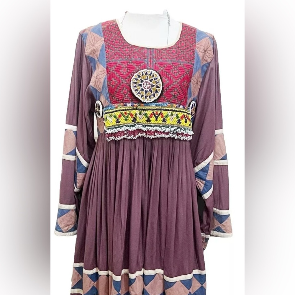 Vintage 1970s Afghan Kuchi Embroidered Beaded Patchwork Bohemian Tribal Dress - Picture 7 of 7